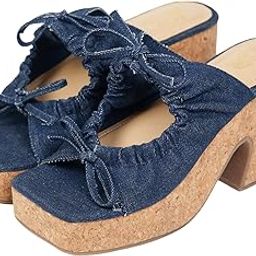 Women Navy Blue Denim Platform Heels | Slip-On Open-Toe Sandals with Cushioned Insole & Cork Block Heel | Stylish & Comfortable for Party, Causal Wear-image-9