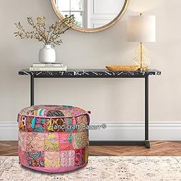 Handicraft Bazarr Patchwork 12 Inch Footstool Ottoman Pouf Cover Cotton Round Foot Rest Pouffe Covers Round Bean Bag-image-6