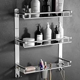 GRIVAN Stainless Steel 3 Layer/3 Tier Multipurpose Bathroom Shelf/Rack/Organizer/Stand/Holder with Double Soap Dish and Toothbrush Holder Tumbler Bathroom Accessories-image-86