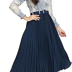 | Women A-line Dress with Pleats, has an Square Neck, Printed Top Comes with a Belt-image-113