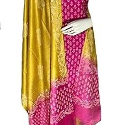 Katan Slub Double Colour Unstitched Khari Print Suit Set for Women with Dupatta | Salwar Suit Dress Material for Women & Girls | Top - 2.5, Bottom - 2.5 & Dupatta - 2.4 | (Pink & Mustard.)-image-81