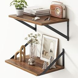 Craftware 10 Inch Deep Floating Shelves, 16" W x 10" D Wall Shelves Set of 2,Black Metal Visible Triangular Bracket, Wide Floating Shelves for Bahtoom, Living Room, Kitchen (Brown, 16"x10" Inch)-image-20