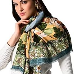 Beige and Blue Mughal Art Scarf A Stunning and Timeless Accessory that Showcases the Rich, Intricate Detailing Mughal Art, Floral Printed Fringed Scarf for Women, 180cm x 70cm-image-80