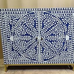 Decorative Storage Cabinet with Blue and White Floral Pattern, 2 Doors with Gold Metal Base, Modern Accent Cabinet for Living Room, Entryway, Bedroom, Stylish Storage Furniture-image-23