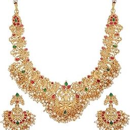 Gifts Stylish Latest Traditional Gold Plated Temple Choker Jwell Necklace Jewellery Set with Earrings for Girls and Women (Gold) (YBNK_50618)-2