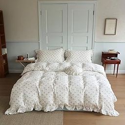 BuLuTu Cottage Chic Ruffled Duvet Cover Full, Blue Floral Quilt Cover 79"x90", 1 PC, Soft Muslin Cotton Comforter Cover Farmhouse Bedding Duvet Cover, No Comforter Insert/Pillowcase-image-68