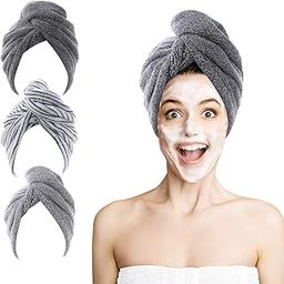 Hair Towel Wrap Turban, ROSSHINE 3 Pack (10 x 25 inch) Bamboo Microfiber Rapid Hair Drying Towels , Soft and Anti Frizz Shower Head Towel, Bathing Hair Cap for Women Girls Gift(Dark Gray, Strip, Gray)-image-34