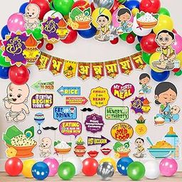 Zyozique Annaprasanam Swirls Hanging with Cardstock Cutout, Annaprasanam Paper Bunting Hindi Font Shubh Annaprashan and Balloon,Photo Booth Props,Rice Ceremony Decorations Items (Pack of 65)-image-83