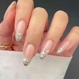 24 Reusable Artificial Fake Nail Set| Peach Color With Golden Zari And White Heart Design Almond Glossy Nails| Lightweight & Long Lasting| Quick Fix For Festivals & Special Occasions-53