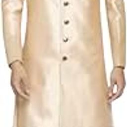 LIBAS Solid Sherwani Set | Festive Design Embroidered shiny silk | Mandarian Collar | Ethnic Wear Self Design For Men(Gold)-picture-4