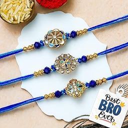 eCraftIndia Set of 3 Blue Golden Floral Designer Rakhis | Best Bro Ever Fridge Magnet | Roli Chawal Pack | Rakhi for Brother Bhaiya Bhai Bhabhi Kids-24