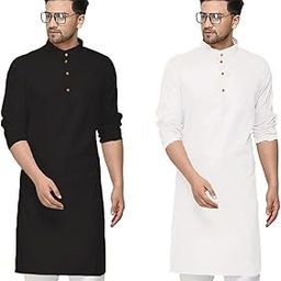 Cotton Traditional Men's Kurta Shirt- Pack of 2, Ethnic Indian Wear (Black:White, 44-2XL)-image-42