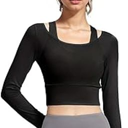 ELEG & STILANCE Women's 2 in 1 Yoga Long Sleeve Mesh Gym Athletic Tops Workout Shirts with Medium Support Sports Bra-image-96