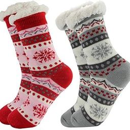 Women's Winter Fleece Lined Thermal Fuzzy Christmas Fully Warm & Comfortable Socks With Grippers -2 Pairs Pack (Any 2 Random Colours)-19