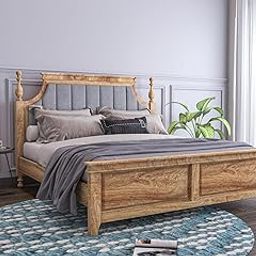 Sheeshamwallah Wooden King Size Bed Without Storage | Low Height Cot with Grey Upholstered Cushion Headboard | Solid Sheesham Wood, Teak Finish | Mattress Size: 78 X 72 Inch-image-70