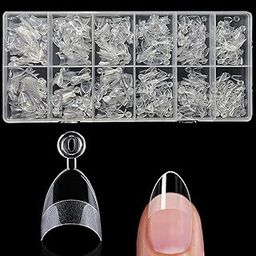 Soft Gel Short Almond Nail Tips 600Pcs Half Cover Pre Etched Salon Quality Clear Press On Nails for Home Manicure Extension DIY Beginners & Professional, Half Matte,Self-handle,12 Sizes (SHORT ALMOND)-25