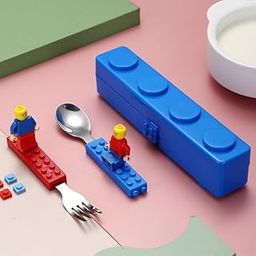 Samvardhan Building Blocks Theme Baby Feeding Stainless Steel Spoon & Fork Set for Kids Tableware Cutlery Suitable for Kids Picnic School Lunch Box (Legoo Cutlery Set)-21
