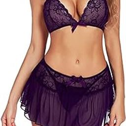 Women's Mini Chemise Baby Doll Lingerie Set Net & Lace Fabric Above Knee Solid Design Nightwear Honeymoon Anniversary, Valentine Gift Dress for Ladies-image-49
