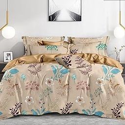 Floral Print Duvet Cover Set, Queen Size, Beige with Turquoise and Burgundy Botanical Pattern, 3 Piece Bedding Set-image-79