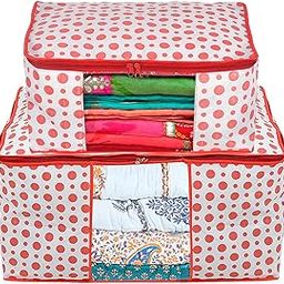 Homestic Dot Printed Foldable, Lightweight Non-Woven Saree Cover & Underbed Storage Bag Set For Saree, Clothes, Blankets With Tranasparent Window, Set of 2 (Pink)-46KM0610-11