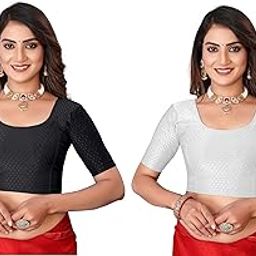 Women's Readymade Saree Premium Blouse | Round Neck | Stretchable Dobby Cotton Lycra Blend | Half Sleeve-picture-32