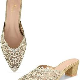 Women's Embellished Mesh Block Heel Mules | Floral Rhinestone Design | Comfortable Slip-On Pointed Toe Block Heel Mules For Girls & Women-3