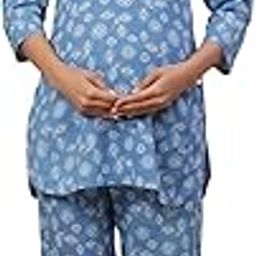 Pre & Post Maternity/Nursing Wear Hand Printed Night Suits/Night Dress with both sides Zipper for Easy Feeding for To Be Moms & Nursing Mothers � Pure Cotton � Blue White-image-68