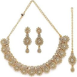 Eye-Catching Gold Plated AD Stone Collar Bone Necklace Set With Earring And Maangtika | Jewellery Set For Women (NS105647)-image-25