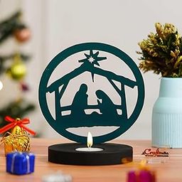 eCraftIndia Nativity Scene Holy Family Jesus Birth Decorative Showpiece Tea Light Candle Holder (Wooden Green)| Christmas Decoration Item for Home Office | Christmas Gifts for Women Men Family Friend-image-16