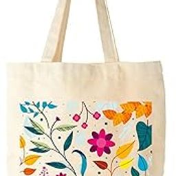 Floral Print Canvas Tote Bag, Natural Cotton, Colourful Botanical Design-Set of 1-10