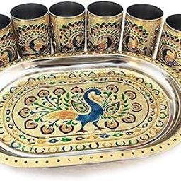 BHAVRUTT Meenakari Steel Peacock Design Rajwadi Traditional Style Glass & Handicraft Serving Tray,Decorative Handcrafted Tray Glass Royal Look Design Set. (Golden 7PCS Set)-image-60