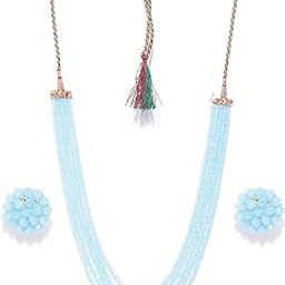 Five Layer Round Faceted Semi Precious Crystal Stone Beads Stylish Traditional Necklace Fashion Jewellery with Stud Earrings For Women (Aqua Chalcedony)-4