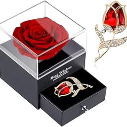 SWEETIME Red Rose Gift Box With Ruby Brooch - Enchanted Real Preserved Flower in Jewelry Box - Handmade Gift for Girlfriend, Wife on Valentine's Day, Anniversary, Birthday-picture-22