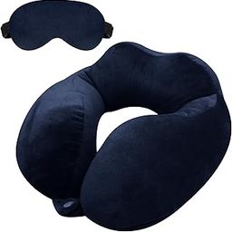 GREELI Rover Neck Pillow – Soft Fiber Filled Travel Neck Rest with Snap Button, Plush Fabric, Neck Support for Flight, Bus, Car, Neck Pillow for Neck Pain Relief (Navy Blue with Eye Mask)-0