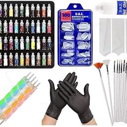D.B.Z.® Nail Art Kit - 48 Pcs Glass Bottles Glitter Stones Sparkling 100 Nails 15 Nail Art brush 5 Nail Dotting Pen, 1 Glue 1 Pc Tip Guide Sticker And 1 Pair Black Gloves care For Home And Saloon Use-15