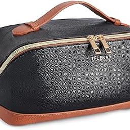 Telena Makeup Bag Large Capacity Travel Cosmetic Bag Portable PU Leather Waterproof Makeup Organizer Bags for Women with Handle and Divider Open Flat, 0-Black with Brown-image-44