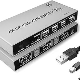 Tobo KVM Switch 2 Port 4K 60Hz Ultra HD, USB and DP Switcher 2 Computer Share 1 Monitor Keyboard and Mouse for Laptop PC HDTV-2