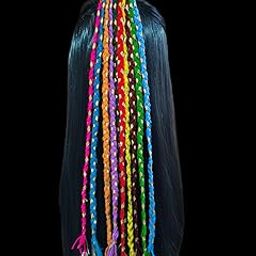 Navratri Look Hair Braids with Rubber Bands Girl and Women, Hair Accessory for Everyday Style and Rainbow Color with gold lace Braids Extensions approx 16 inch with kaudi shells detailing / Boho Chic Style (Multicolour)-image-28