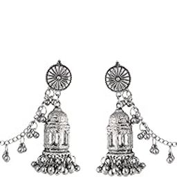 Oxidized Polish Handmade Temple Design Bahubali Style Jhumka Jhumki Earrings with Hair Chain for Women and Girls-image-36