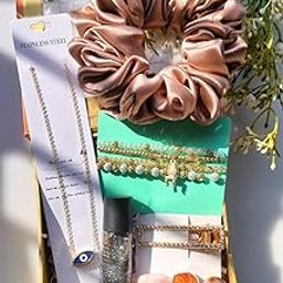 Women's Gift Hamper Set with Satin Scrunchie, Hair Accessories, Evil Eye Necklace, Nail Polish, Bracelets, Gold Box-image-94