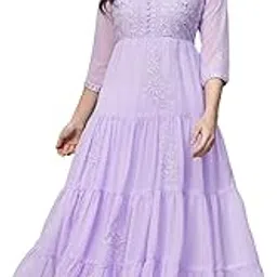 ratan Women's Solid Georgette Tiered Chikankari Flared Kurti Gown Maxi Dress-picture-1