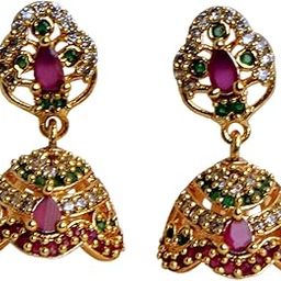 Traditional Gold Plated Jhumka Earrings with Ruby, Emerald and White Stones, Indian Ethnic Drop Earrings-image-29