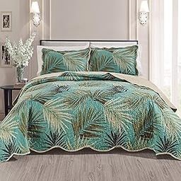 Masterplay 3-Piece Fine Printed Tropical Palm Leaves Oversize (100" X 95") Quilt Set, Bedspread Coverlet Queen Size Bed Cover (Sage, Aqua, Brown, Khaki)-image-2
