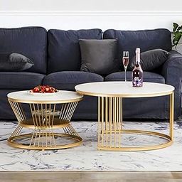 CROWN ART SHOPPEE Round Modern Minimalist Coffee Table, Balcony Side Table Combination (Both White) Metal-picture-0