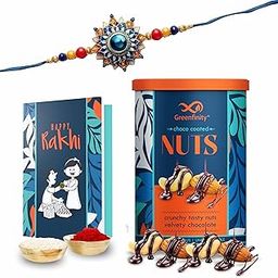 GreenFinity Raksha Bandhan Gift Hamper | Rakhi with Chocolate Coated Dry Fruits 100g, Greeting Card & Roli Chawal | Rakhi Gift for Brother | Rakhi Combo Gift Pack-image-71