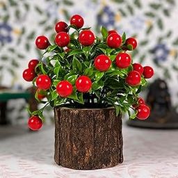 Dekorly Artificial Flowers Bunch | Fruit Cherry Flowers Bunch in Wooden Pot | Home Office Tabletop Bedroom Livingroom Bathroom Kichen Decor | Artificial Plants for Home Decoration | Height : 20CM-image-39