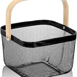 CHEHAR CREATION Metal Mesh Storage Basket with Wooden Handle, Black Wire Container for Fruits, Square Design-image-93