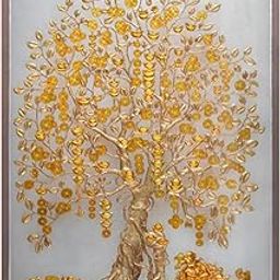 Vastu kalpavriksha Money Golden Tree Painting Sparkle Coated Self Adhesive Wallpaper Without Frame Digital Reprint -2695 (12×18 Inch, Golden Tree)-30