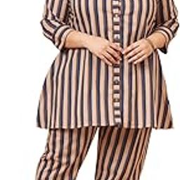 Women's Plus Size Pure Cotton Blue Printed Shirt with Pyjama Co-Ord Set-picture-13