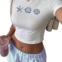 Casual Minimalist Starfish & Shell Pattern Crew Neck Short Sleeve Crop Top for Women-image-83